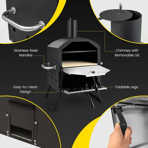 Miniatura 7 de Giantex Horno de Pizza al Aire Libre de Leña, Fabricante de Pizza de 2 Capas con Piedra para Pizza de 12 Pulgadas, Pala para Pizza, Rejilla