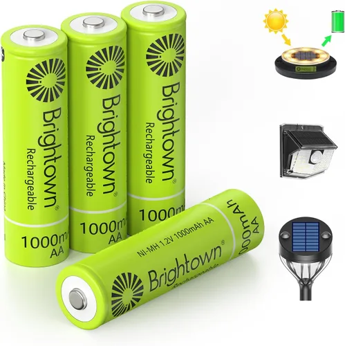Brightown Paquete de 4 baterías AA recargables – 1000 mAh 1.2 V NiMH batería de alta capacidad – Ideal para luces solares y dispositivos domésticos,