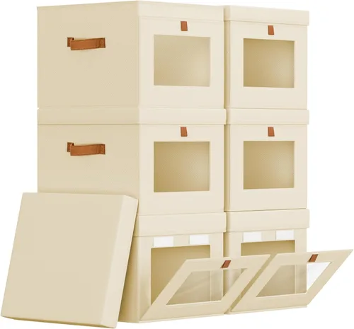 Miniatura 18 de Homsorout Contenedores de almacenamiento con tapa, organizador de armario con apertura lateral y ventana transparente, cesta plegable de tela Beige