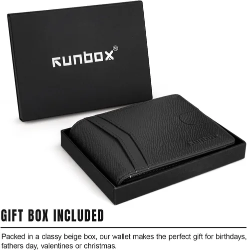 Miniatura 5 de RUNBOX Cartera para hombres Slim Rfid Leather 2 ID Window con caja de regalo, Palm-negro, Minimalista