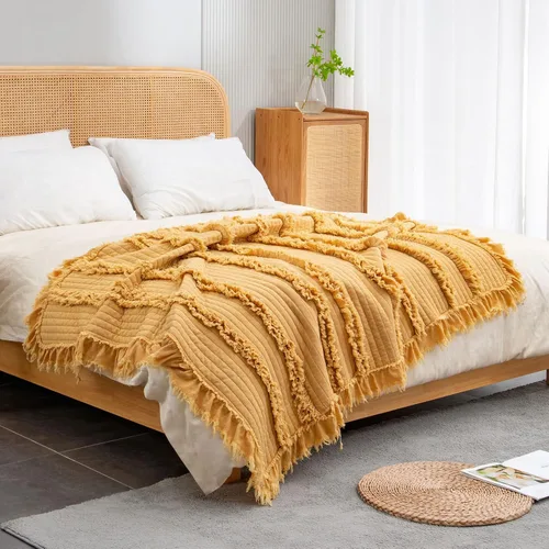 Miniatura 7 de Manta de Tiro Acolchada Ultra Suave Prelavada y Cálida, Manta Decorativa Bohemia Amarilla con Flecos Ondulados, Manta Rústica Elegante Lavada a
