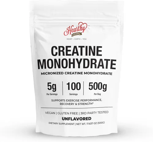 HEARTHY FOODS Polvo de Monohidrato de Creatina Micronizado 500G - 100 porciones, 5000mg por porción (5g) - 17.64 oz para el crecimiento y