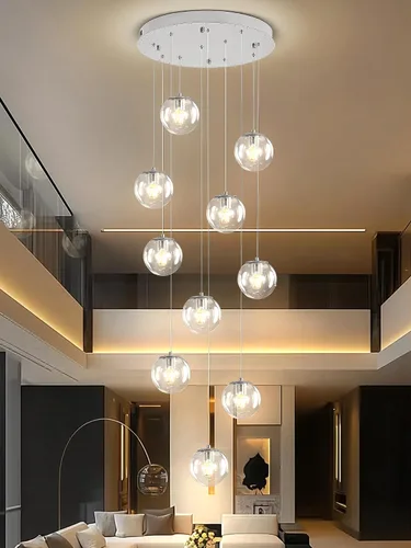 Miniatura 60 de ykolupty Escalera LED de 10 luces LED moderna con globo de cristal, lámpara colgante grande para techos altos, accesorios de iluminación de entrada