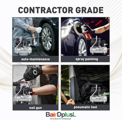 Miniatura 7 de BairDplusL - Compresor de aire ultra silencioso de 3.2 galones, 110 V/60 Hz, 1.5 HP 8.8CFM, tanques de acero MAX 115PSI, sin aceite, 70 dB, nivel