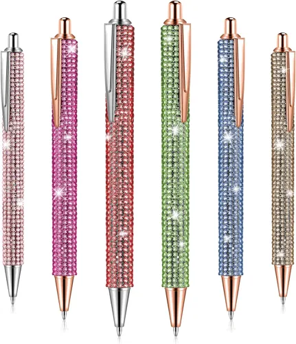 Jeyiour 6 Bolígrafos Bling Lindos de Diamante con Rinstones de Boda, Bolígrafos Metálicos Retráctiles de Cristal Brillantes para Mujeres, Bolígrafo