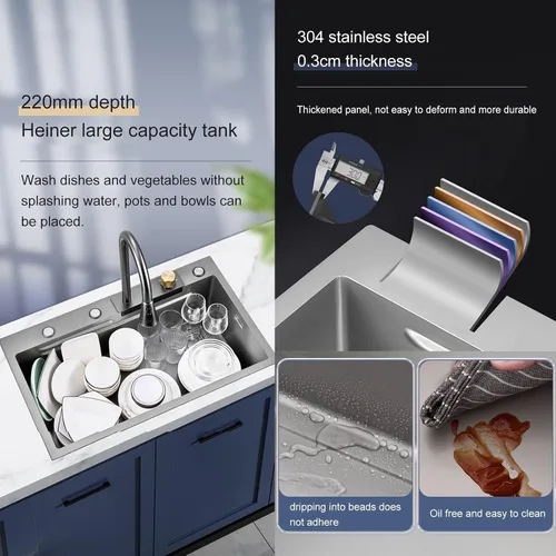 Miniatura 7 de Fregadero de cocina empotrado o empotrado, color negro, de acero inoxidable 304, Nano Raindance, con lavaplatos y grifo extraíble, fregaderos