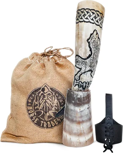 Norse Tradesman Cuerno vikingo de cuerno de buey genuino de 12 pulgadas con exquisito lobo grabado a mano y nudo celta, funda de cinturón de cuero