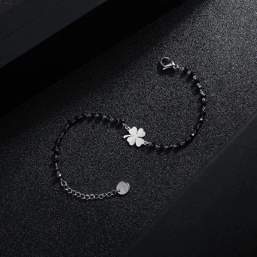 Miniatura 3 de Pulsera de trébol de cuatro hojas con dije de plata 925 con cuentas negras, pulsera ajustable con dije de la suerte simple para mujer