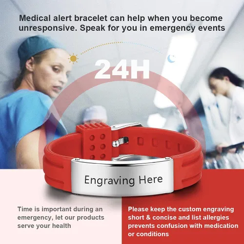Miniatura 34 de OPALSTOCK Pulseras médicas personalizadas de silicona ajustable para identificación de emergencias, grabado gratuito, 9 pulgadas, resistente al