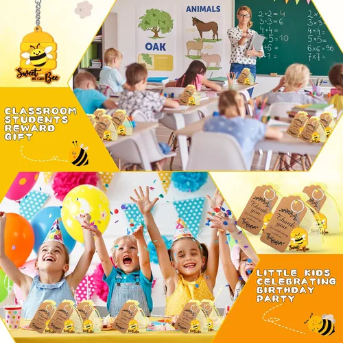 Miniatura 7 de Roowest 150 piezas de dulces como pueden abeja, regalos de fiesta, incluyendo 50 llaveros de abeja con 50 bolsas de regalo, 50 etiquetas