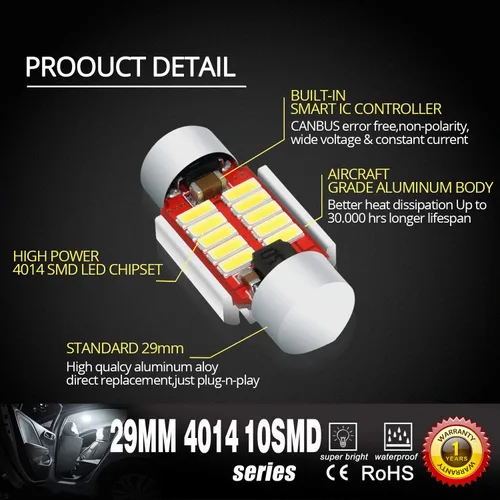 Miniatura 5 de Alla Lighting DE3021 DE3175 Bombillas LED superbrillantes 4014 10-SMD 1.102 in 1.142 in 12V LED DE3022 6428 bombillas para mapa interior de festón