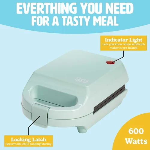 Miniatura 5 de Mini Sandwichera Tasty, Hace Sándwiches, Paninis, Queso a la Parrilla, Postres, Resultados Rápidos, Fácil Limpieza, 600W, Aqua (Paquete de 6)