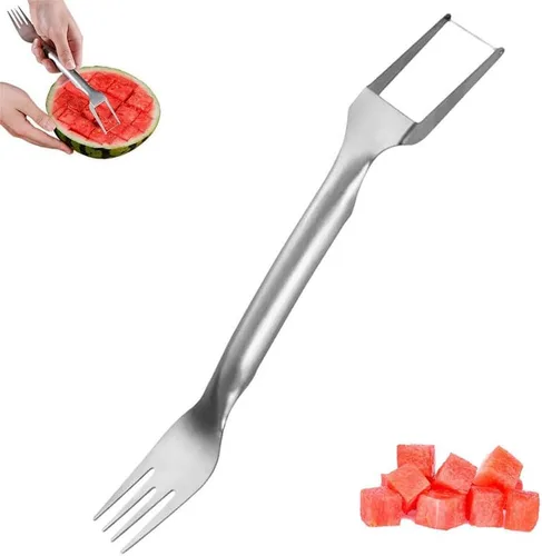 Kruggo Cortador de frutas de acero inoxidable 2 en 1, nuevo cortador de tenedor de sandía 2024, herramienta cortadora de tenedores de fruta de doble