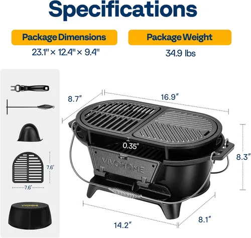 Miniatura 7 de VIVOHOME Parrilla ovalada de hierro fundido con rejillas intercambiables y plancha, 2 puertas de horno para control de calor, incluye guantes, póker