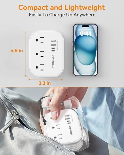 Miniatura 8 de Adaptador de enchufe europeo, regleta de alimentación de viaje UE/Reino Unido/EE. UU. con 3 salidas y 4 puertos USB (3.4A), adaptador de corriente