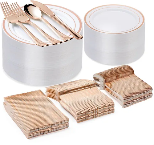 Miniatura 9 de BESTVIP Juego de 600 platos de plástico dorado transparente (para 100 invitados), platos de plástico para fiesta, boda, cumpleaños, juego de vajilla
