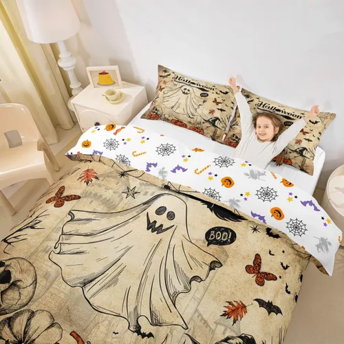 Miniatura 3 de Lindo juego de funda de edredón de fantasma, tamaño individual para niños y niñas, juego de ropa de cama de calabaza y calavera de azúcar, funda