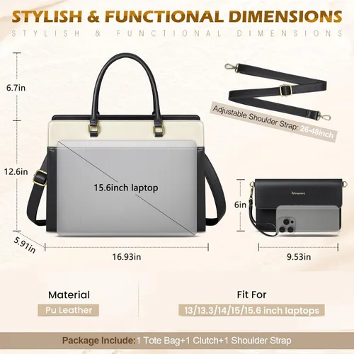 Miniatura 5 de RAINSMORE Bolsa de cuero para laptop de 15.6 pulgadas para mujer, bolsa de mano grande para computadora, impermeable, para negocios, oficina