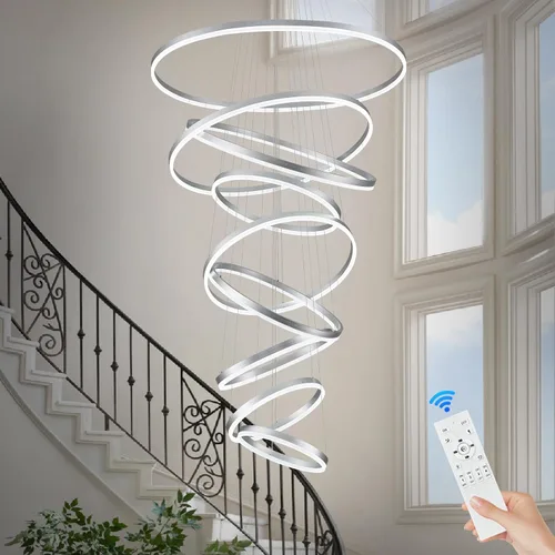 Miniatura 14 de Benkut 5 Anillos D31.5 Lámpara de Araña LED Moderna Negra Grande Regulable Circular para Techo Alto con Control Remoto para Vestíbulo, Comedor, Sala