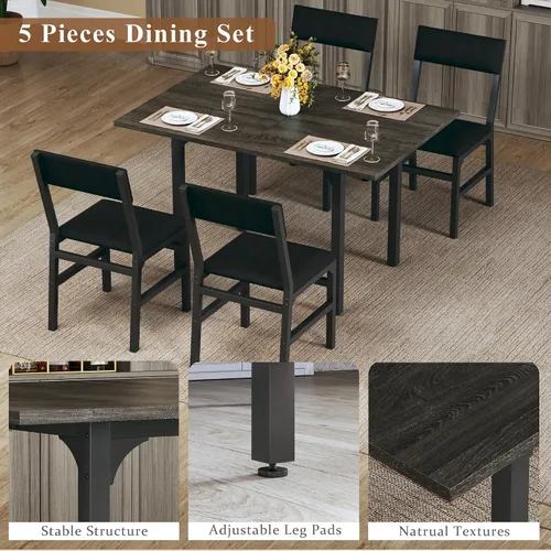 Miniatura 5 de HUAHUU Juego de mesa de comedor para 4, juego de sillas con cojín para cocina extensible de 4, mesa de comedor rectangular con marco de metal
