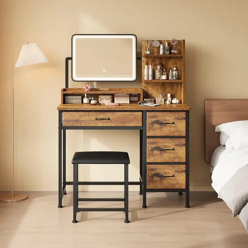 Miniatura 10 de YeTom Escritorio de maquillaje con espejo y luces, tocador pequeño con cajón de almacenamiento de tela, estantes y mesa auxiliar, tocador de Negro