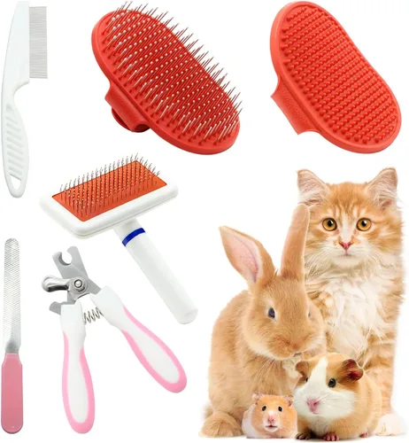 Kit de aseo para gatos con cepillo deslizante para quitar mascotas, cortaúñas, guante de baño para masajes, peine de pulgas para conejos, cachorros,