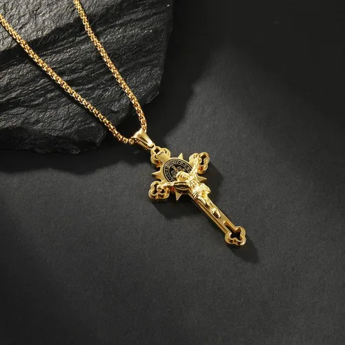 Miniatura 3 de Collar con colgante de cruz de oración del Señor de acero inoxidable con crucifijo de Jesucristo y versículo bíblico para hombresniñosmujeres