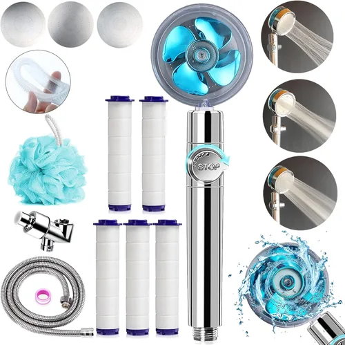 Miniatura 9 de Cabezal de ducha de mano turbocargado, cabezal de ducha de mano de alta presión con ahorro de agua con filtros, interruptor de pausa, Hydro Jet Gris