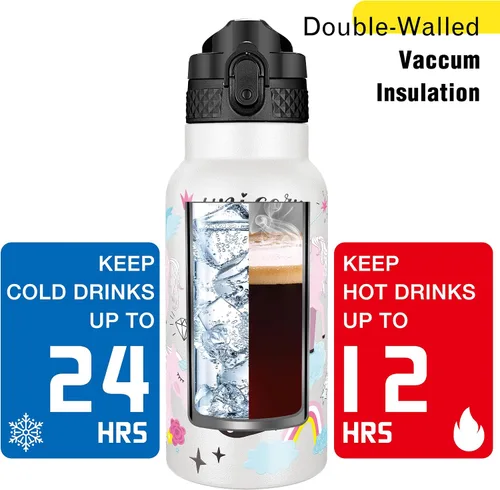 Miniatura 6 de Han's Bottle Botella de Agua para Niños con Tapa de Pajita - Vaso Térmico Reutilizable de Acero Inoxidable Aislado para Niñas, Niños, Taza Térmica