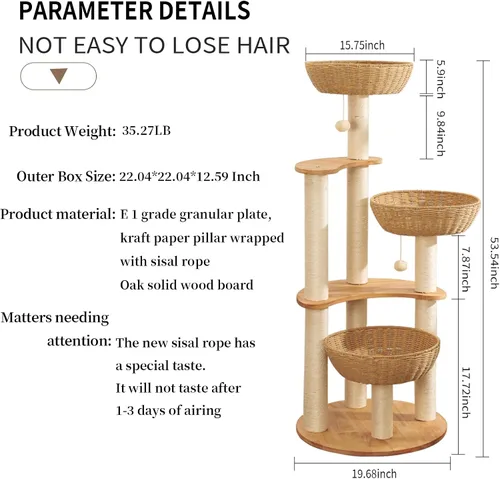 Miniatura 6 de Torre moderna de 54 pulgadas para gatos de interior, árbol rascador de roble para múltiples gatos grandes, condominio de lujo tejido a mano manual