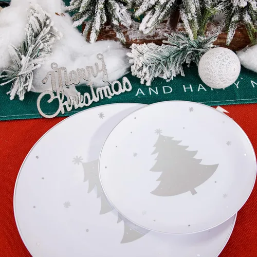 Miniatura 6 de WDF 50 platos de plástico plateados, platos de plástico de Navidad con árbol de Navidad, platos desechables blancos y plateados resistentes