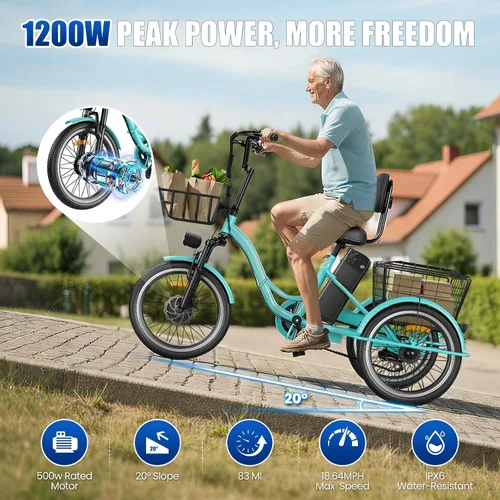 Miniatura 3 de Triciclo eléctrico para adultos, triciclo eléctrico de pico de 1200 W, triciclo plegable con batería extraíble de 468/720/960 Wh, bicicletas 83