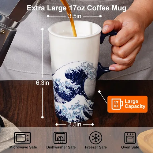 Miniatura 6 de DUSVALLY - Taza de viaje de cerámica de 17 onzas con tapa y asa, taza de café de gran ola, taza de té de arte japonés, apta para microondas