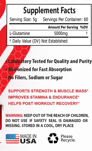 Miniatura 2 de Post Entrenamiento Muscle Builder - PRE & Post Workout - GLUTAMINE Powder 5000MG - L-Glutamina BulkSupplements - 1 Lata 10.58 oz
