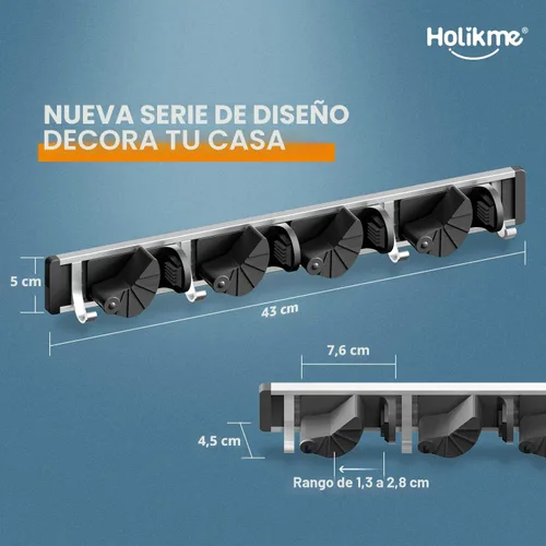 Miniatura 6 de Holikme Soporte para Escobas y Fregonas de Pared, Organizador de Metal para Despensa y Almacenamiento, Organizador de Herramientas de Cocina y Negro