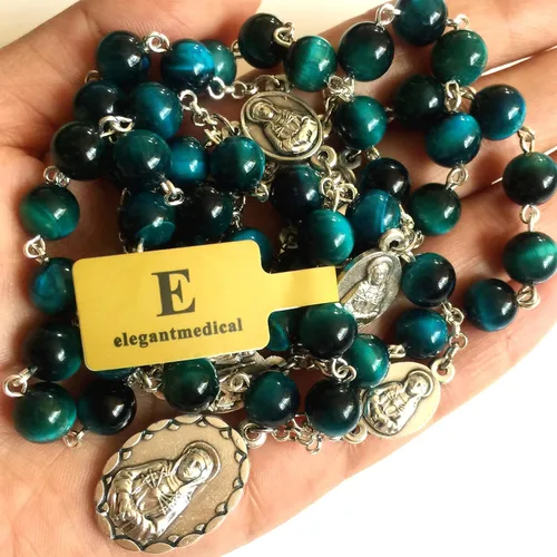 Miniatura 6 de elegantmedical Hecho a mano Rara Pavo Real BuleTiger Eye Jade Cuentas Siete 7 PELÍCULAS MARÍA MEDALLA Rosario Collar Regalos Católicos, Vidrio