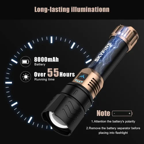 Miniatura 3 de SKYFIRE Linterna recargable de alto lúmen, súper brillante, con zoom, cuatro modos, linterna LED impermeable para camping esencial, emergencias al