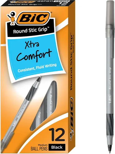 BIC Round Stic Grip Xtra Comfort - Bolígrafos negros de punta media (1,2 mm), paquete de 12 unidades, bolígrafos de escritura perfectos con agarre