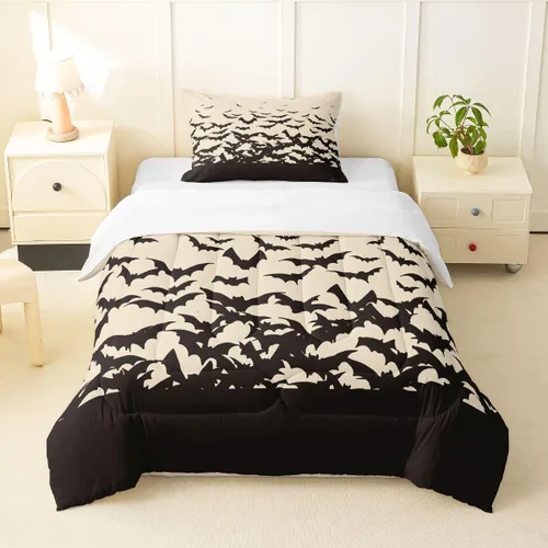 Miniatura 3 de Feelyou Juego de edredón de murciélago para niñas y niños, tamaño individual, edredón de Halloween decorativo en blanco y negro, juego de ropa