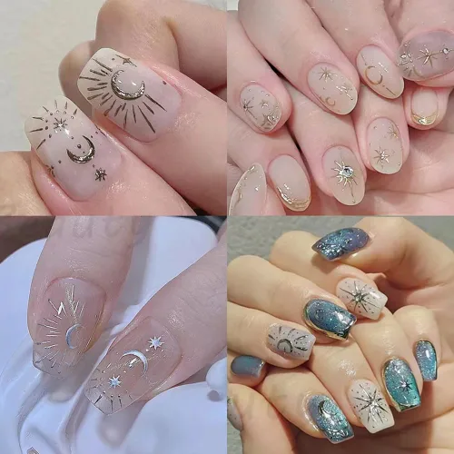 Miniatura 7 de 12pcs Aurora Plata Estrella Luna Nail Art Pegatinas 3D para las Mujeres Oro Rosa Sol Corazón Calcomanías de Diseño Láser Suministros