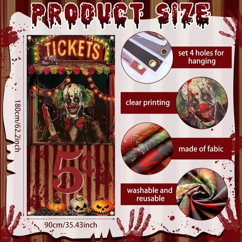 Miniatura 4 de Preboun Decoraciones de carnaval de Halloween, cubierta de puerta de Halloween, accesorio para taquilla de boletos de circo, cartel espeluznante