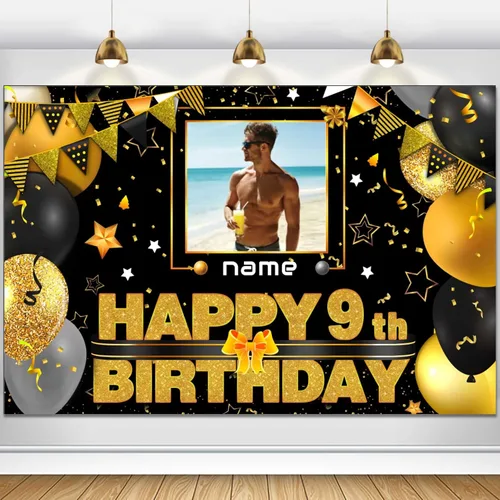 Miniatura 55 de Cartel decorativo personalizado de feliz cumpleaños número 100 - Personalización disponible - Negro y dorado - Tamaño grande - Admite fotos
