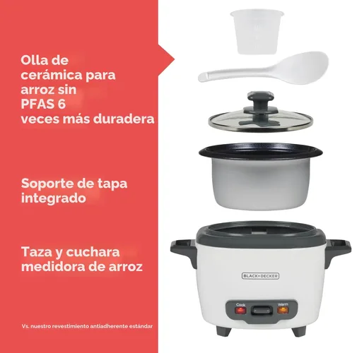 Miniatura 2 de BLACK+DECKER Olla arrocera de 3 tazas, RC503, 1.5 tazas de arroz crudo, cesta de cocción al vapor, recipiente antiadherente extraíble, un toque