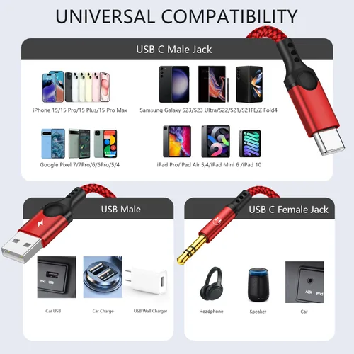 Miniatura 4 de Cable USB C a 3.5mm Aux con Cargador, Cable Estéreo Aux USB C a 3.5mm de 2 en 1 para Coche con Carga PD de 18W Compatible con iPhone 17/16/16e/15