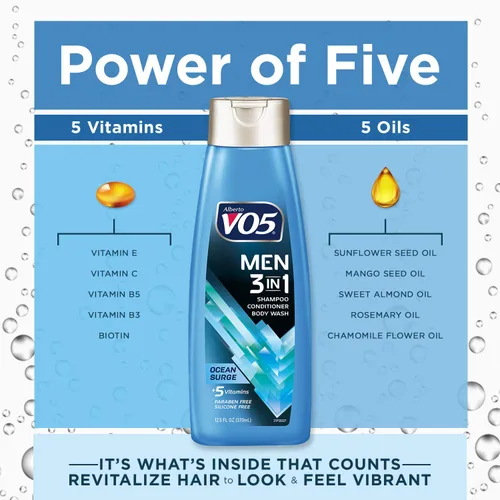 Miniatura 4 de Alberto VO5 - Champú acondicionador y gel de baño 3 en 1 para hombre, Ocean Surge, 5 vitaminas esenciales A, H, C, B5 y B3 para ayudar a nutrir e
