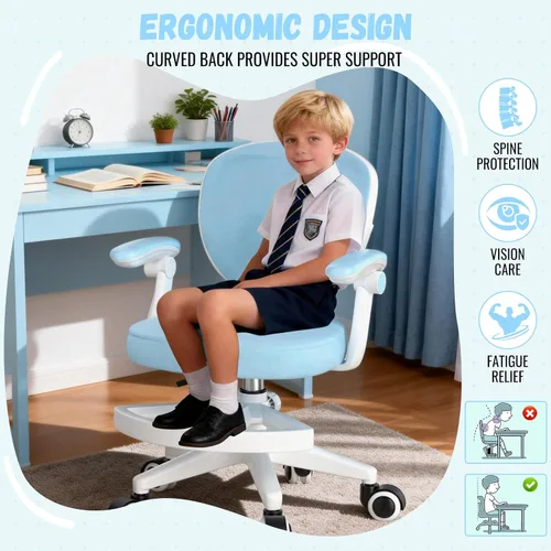 Miniatura 7 de Silla de escritorio ajustable para niños, silla ergonómica para computadora de estudio con reposapiés y reposabrazos abatibles, silla de trabajo