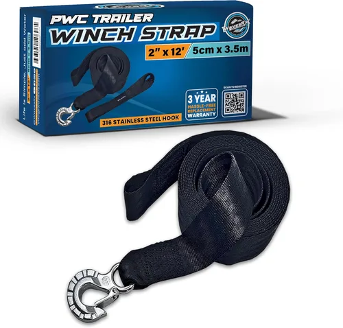 WavesRx Correa de cabrestante de remolque de jet ski de 2"x12' con gancho de acero inoxidable y lazo de remolque de proa de conexión rápida | Correa
