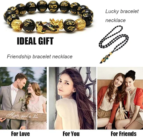 Miniatura 7 de SOOWOOT Feng Shui Pulsera Collar-Pi Xiu Negro Obsidian Riqueza Pulsera de Buena Suerte Pi Yao Attract Wealth Money Collar Set para Mujeres Hombres