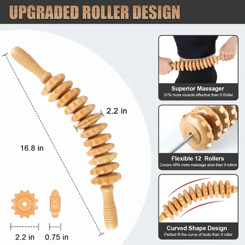 Miniatura 6 de Herramientas de masaje de terapia de madera, 12 rodillos, masajeador de madera de 16.8 pulgadas, herramienta de drenaje linfático, masajeador