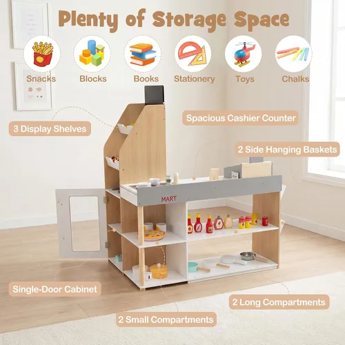 Miniatura 7 de HONEY JOY Juego de Tienda de Comestibles para Niños, Tienda de Comestibles de Madera de Juego de Simulación con Carrito, Soporte de Caja